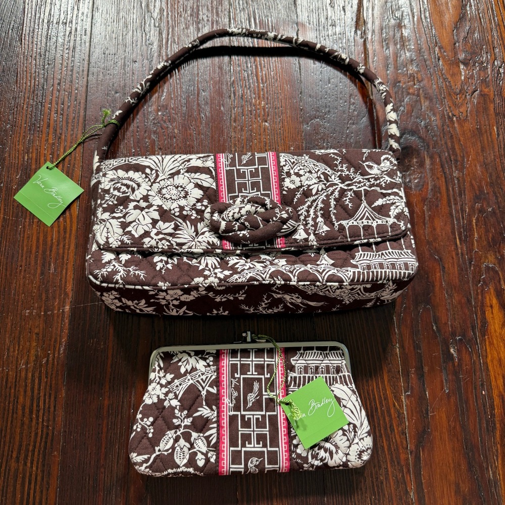 Vera Bradley Imperial Toile Baguette Bag and Clutch Wallet Set NWT Brown Pink